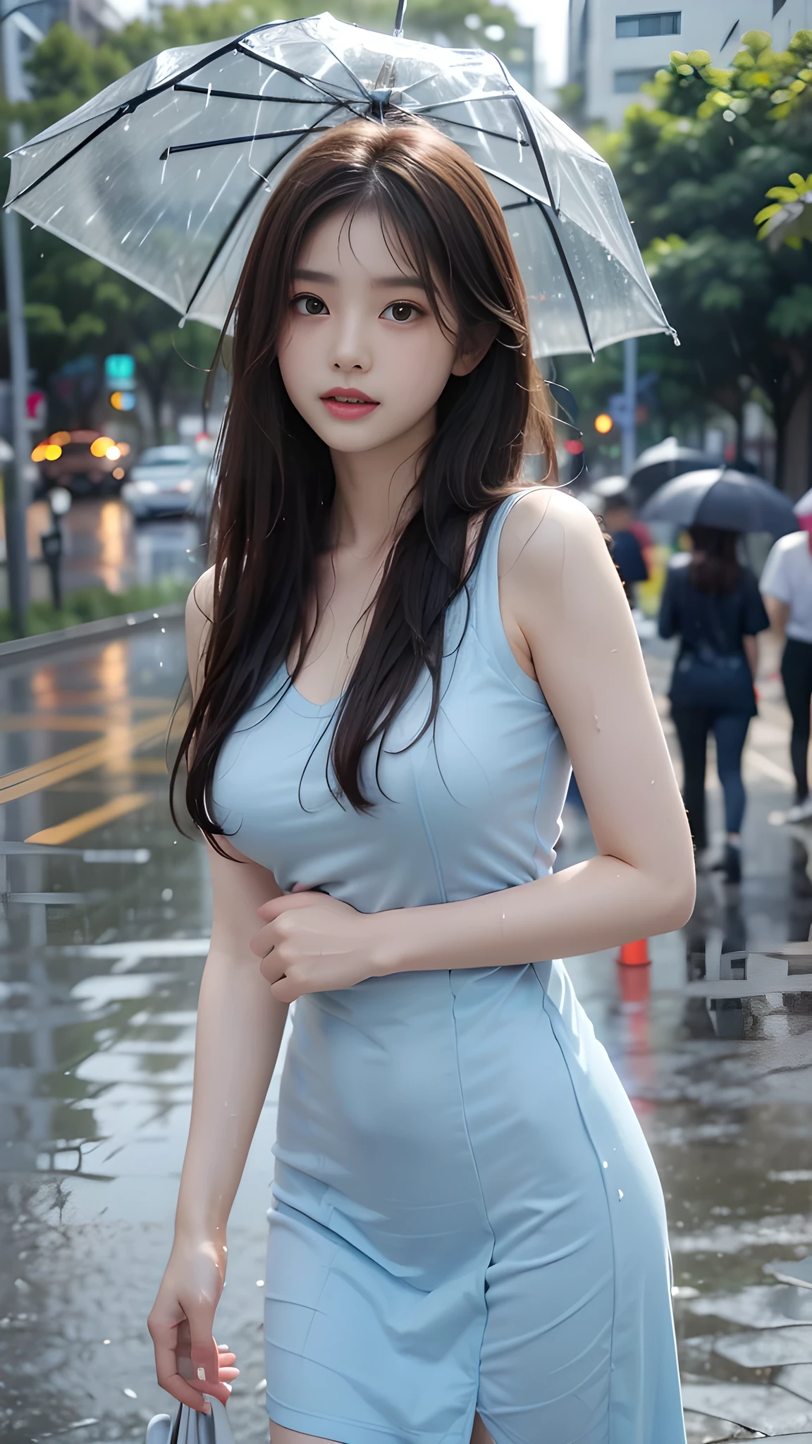 ulzzang-6500-v1.1, (RAW photo: 1.2), (Real photo), (Real photo: 1.4), 1 girl、Perfect anatomy、20 years old、Looking at the camera、Medium length hair, Wet hair in the rain, blue dress, ((on the street, in the rain: 1.2)), (Soaked clothes: 1.2), (Business service)、Asian eyes Ella,