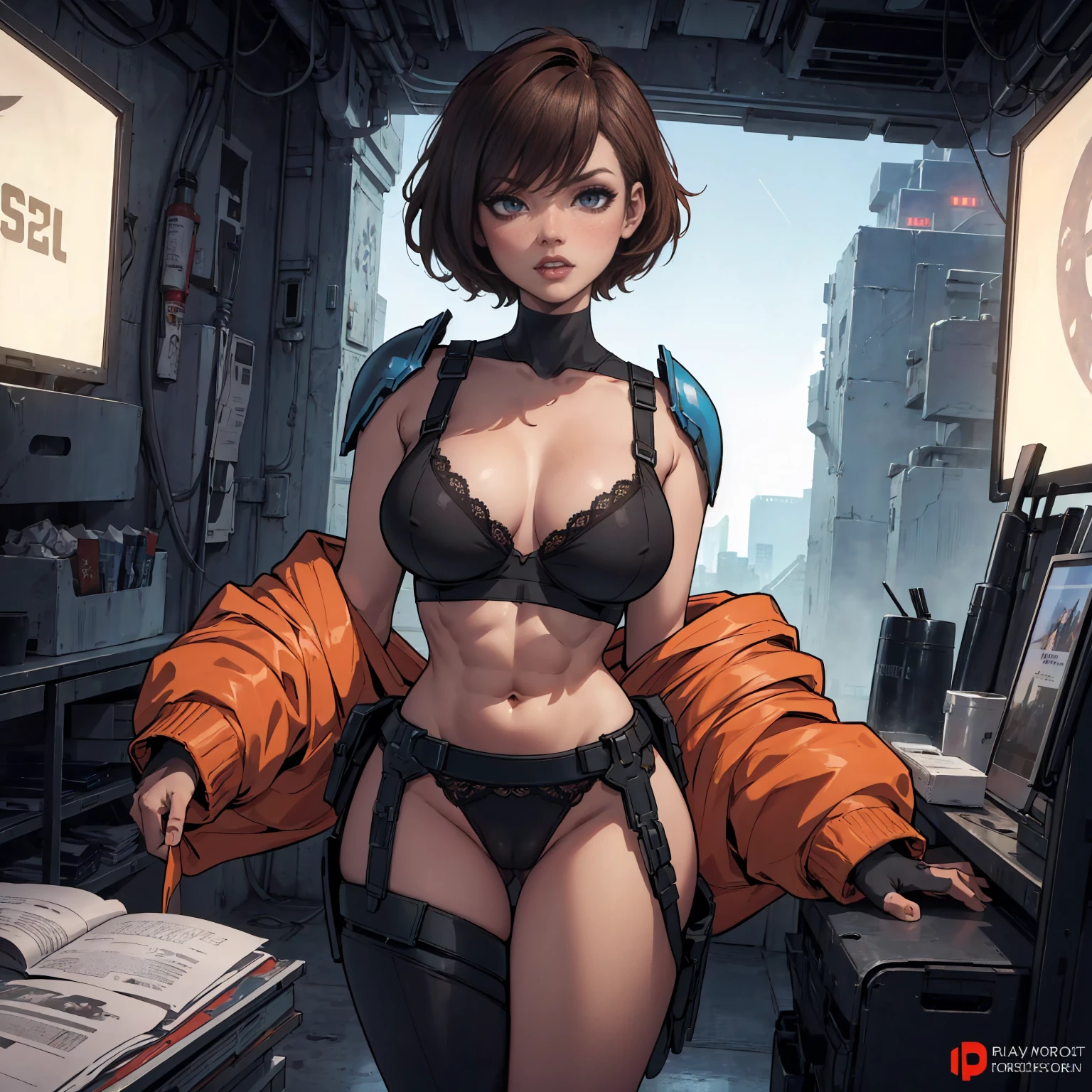(((solo,1woman, mature, alone))), rahab, ((short brown hair, hair cover eyes, muscular female, makeup, narrow waist, skinny, medium breasts,)), pelvic curtain, ((black panties, black bra, blue details, armored legwear)), full body, perfect body, (insanely detailed, beautiful detailed face, masterpiece, best quality), (extremely detailed 8k paper CG wall unit: 1.1), (spaceport, spaceship, cyberpunk, space, room), cameltoe view, cameltoe, View from above, Diagonal view