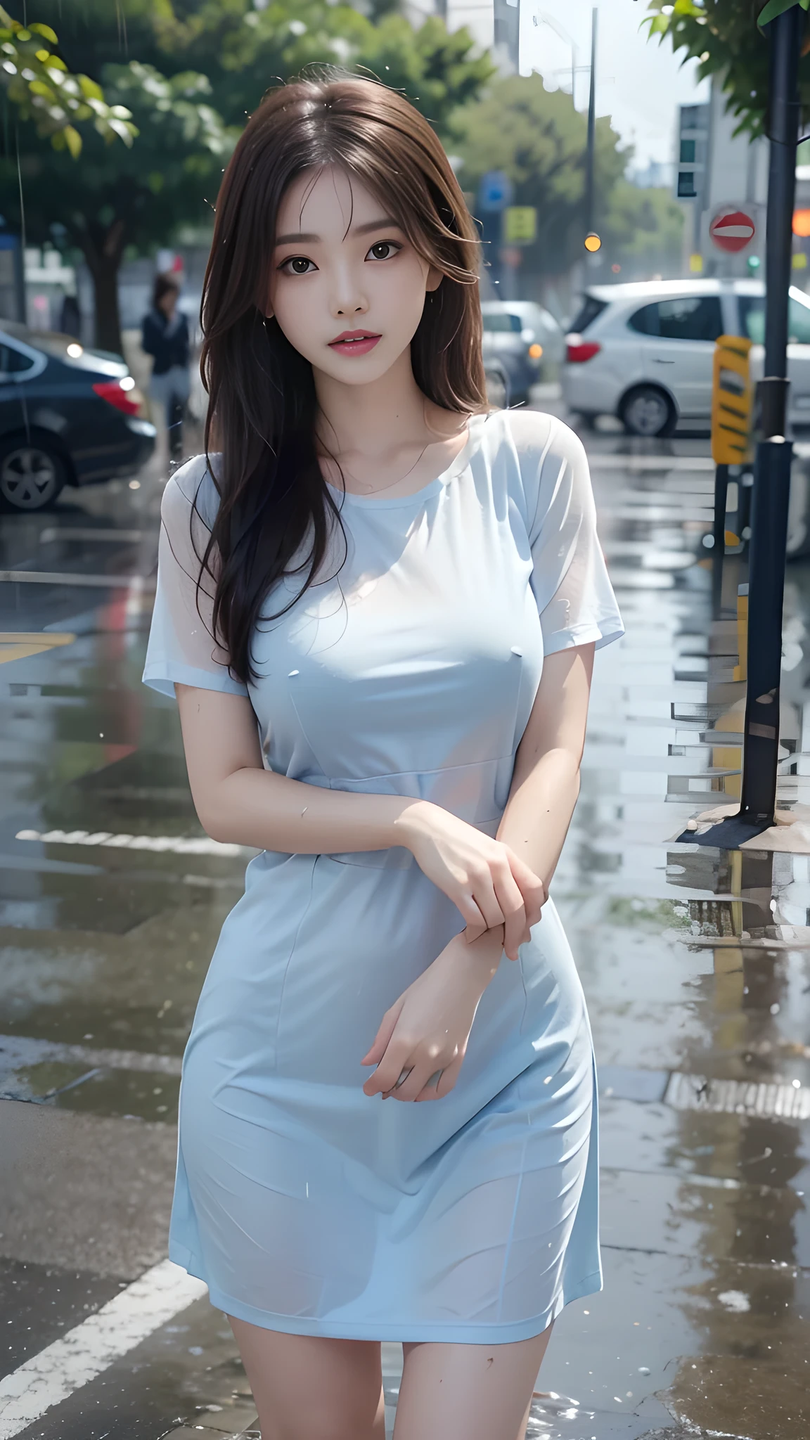 ulzzang-6500-v1.1, (RAW photo: 1.2), (Real photo), (Real photo: 1.4), 1 girl、Perfect anatomy、20 years old、Looking at the camera、Medium length hair, Wet hair in the rain, blue dress, ((on the street, in the rain: 1.2)), (Soaked clothes: 1.2), (Business service)、Asian eyes Ella,