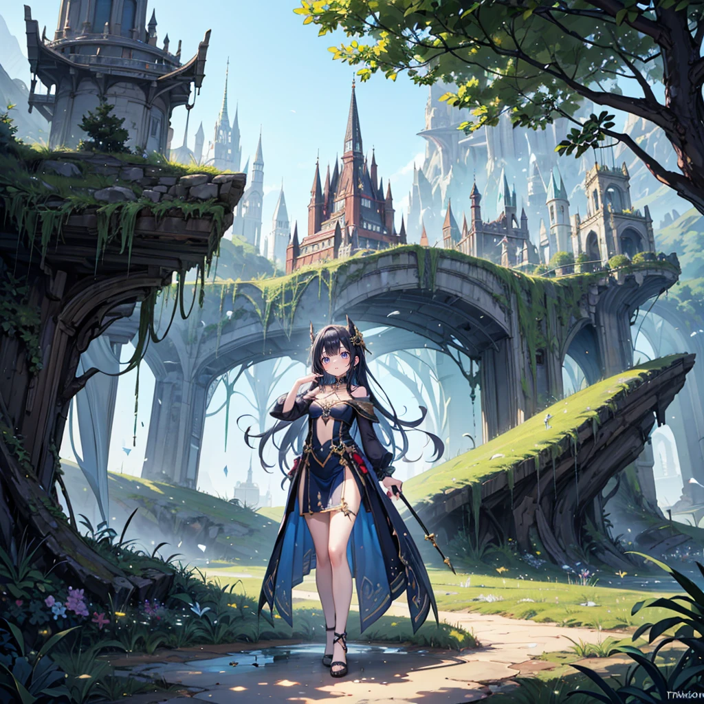 (Full body), solo, 1 beautiful girl wearing fantasy clothes, posing, in the fantasy world, nature fantasy landcape background, random wearther