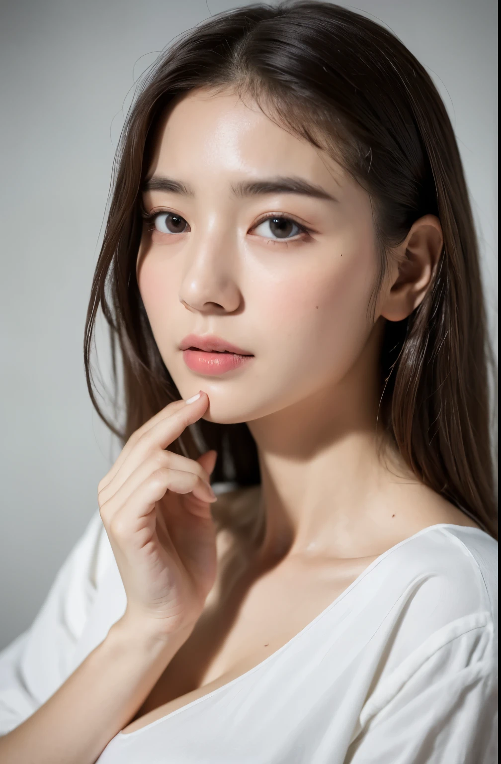 ((Highest quality, 8k, masterpiece :1.3)), One girl, Very fine skin、profile、Looking at the camera、Dynamic Lighting、Close-up of face、Beautiful woman with slim abdominal muscles :1.3, (Random Hairstyles, Huge breasts :1.2), Casual clothing :1.2 Highly Detailed Faces, Fine grain, double eyelid、Japanese women
