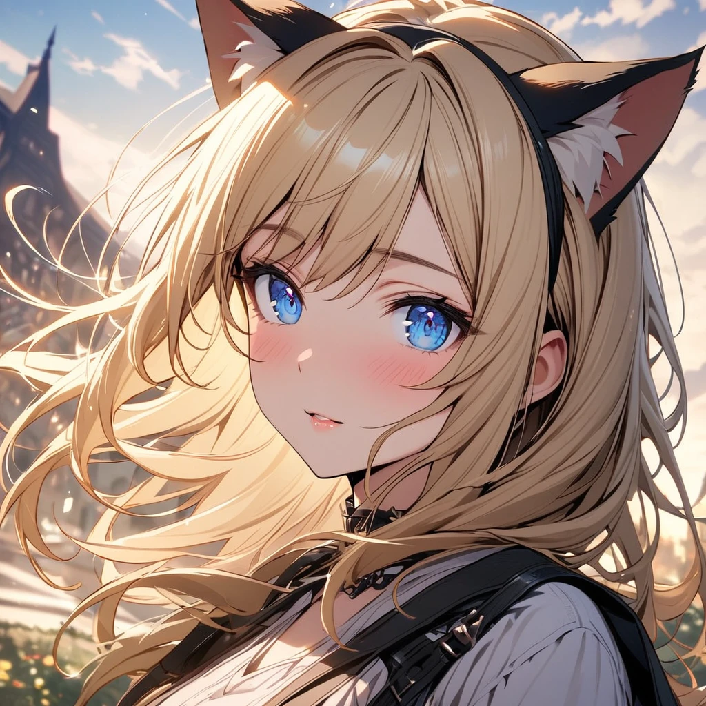 girl, blue eyes, blond hair, cat ears, beautiful, high detail, beautiful backround, adult