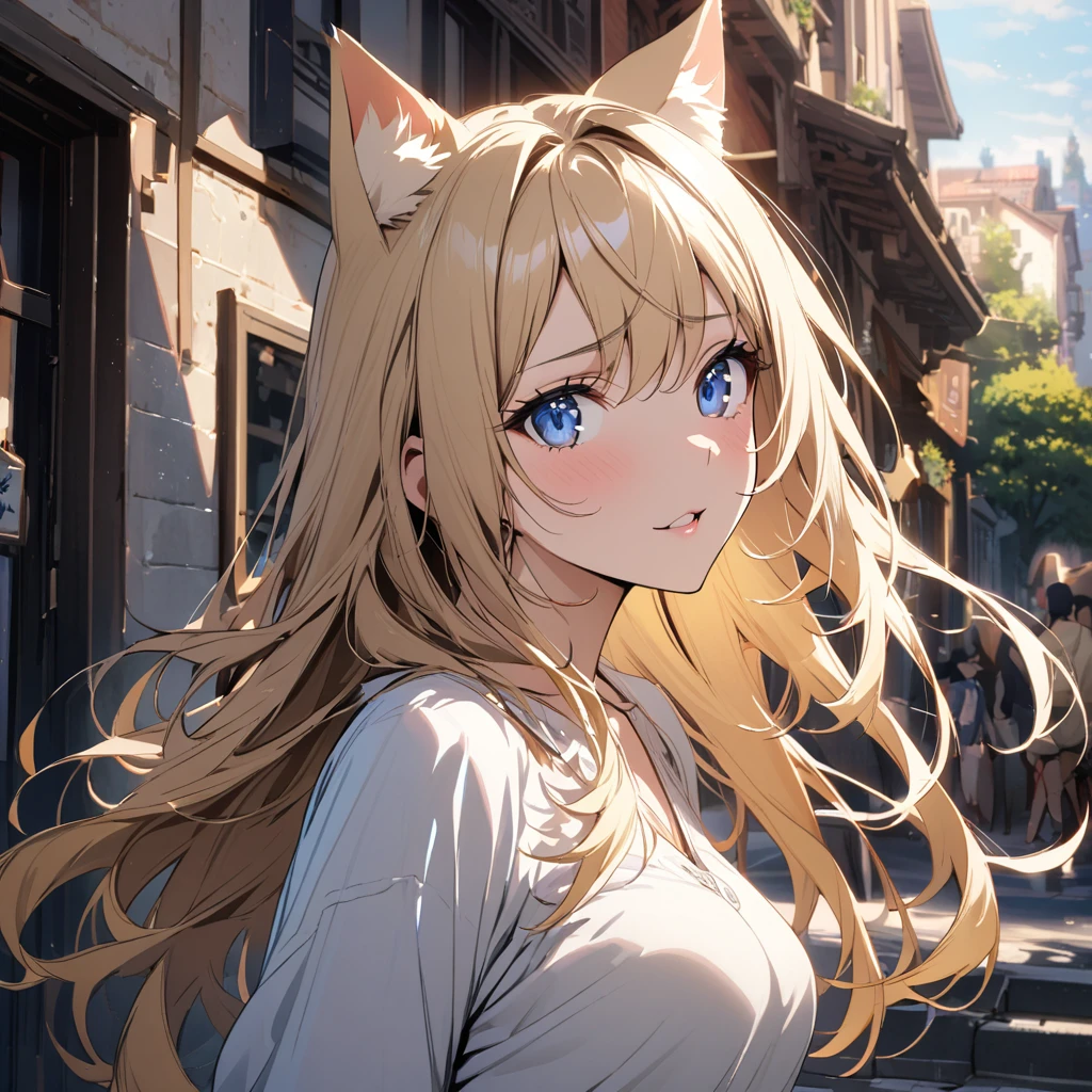girl, blue eyes, blond hair, cat ears, beautiful, high detail, beautiful backround, adult