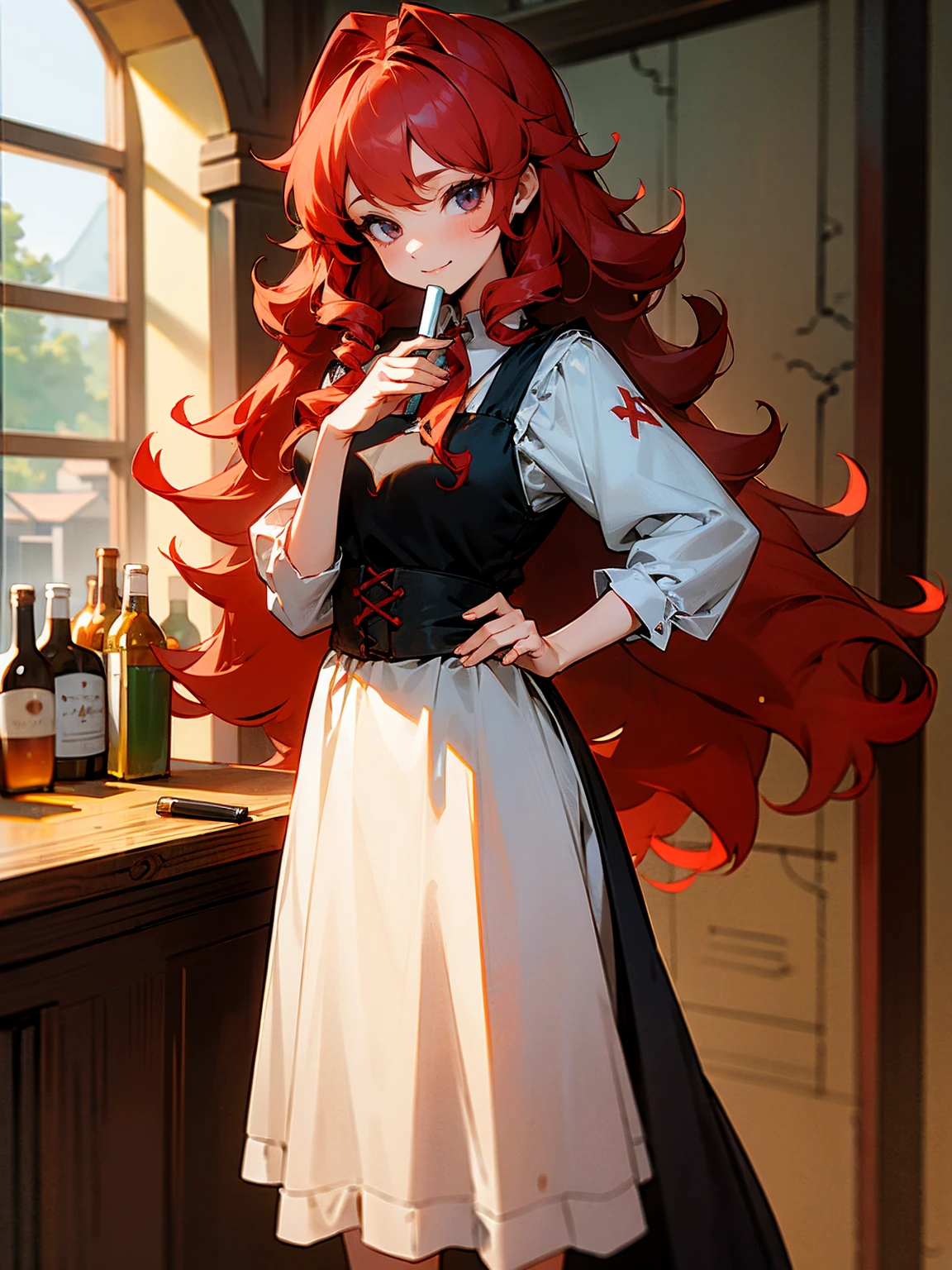 female, red hair, long and curly, barmaid, peasant dress, serving drinks, friendly