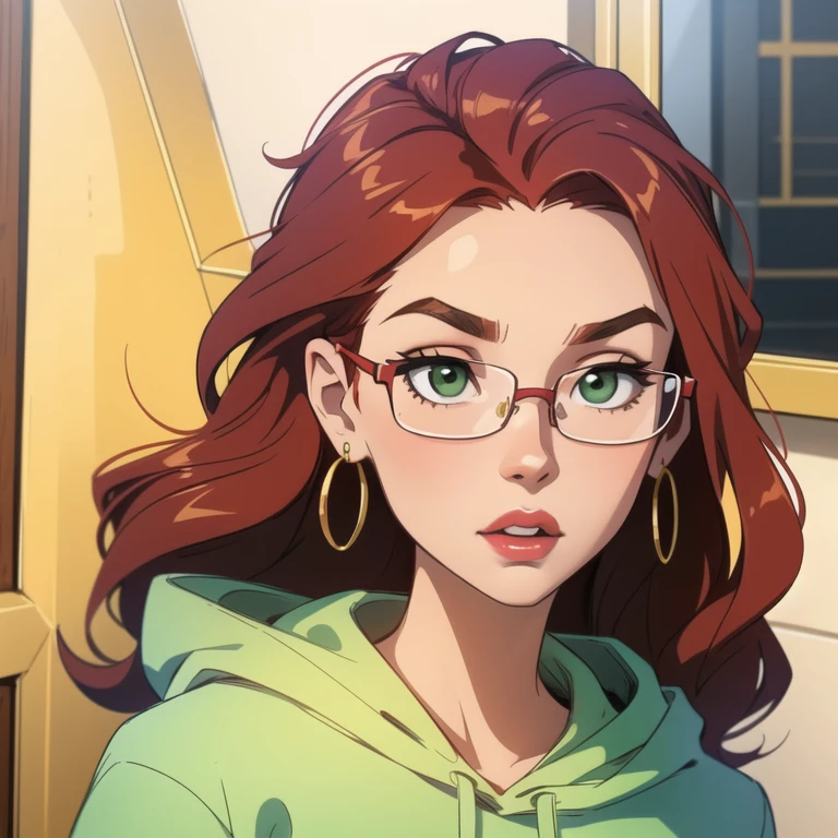 masterpiece, 30yo ginger girl looking away, redhead, detailed face, photography, hq, pink lips, round face, green eyes and marked eyebrows, thic gold square glasses, red long hair, golden earrings, small eye, round big face, caucasian, 1girl, hoodie, wavy thin hair, big cheecks and small lips