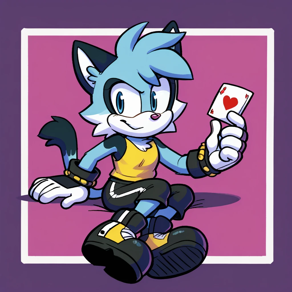 Custom avatar, Glitchy the Cat character, wearing black shorts, in the cyberspace, abstract, backround, sitting down on crossed legs, playing a game of cards, someone holding his leg,