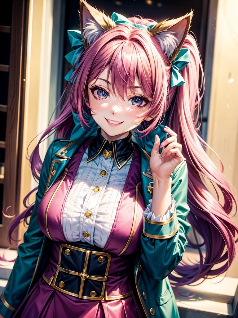 Magenta hair, hazel eyes, older woman, hair bows, cat ears, long hair, smiling face, sexy uniform, teal and gold clothes