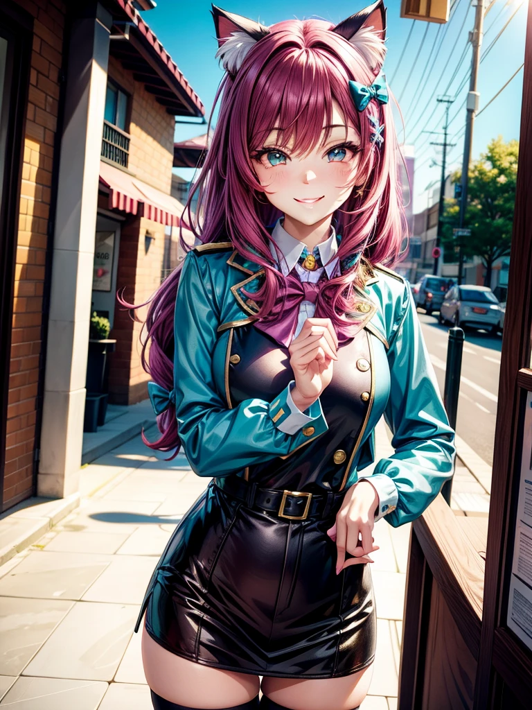 Magenta hair, hazel eyes, older woman, hair bows, cat ears, long hair, smiling face, sexy uniform, teal and gold clothes