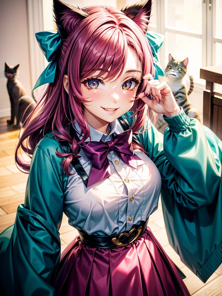 Magenta hair, hazel eyes, older woman, hair bows, cat ears, long hair, smiling face, sexy uniform, teal and gold clothes