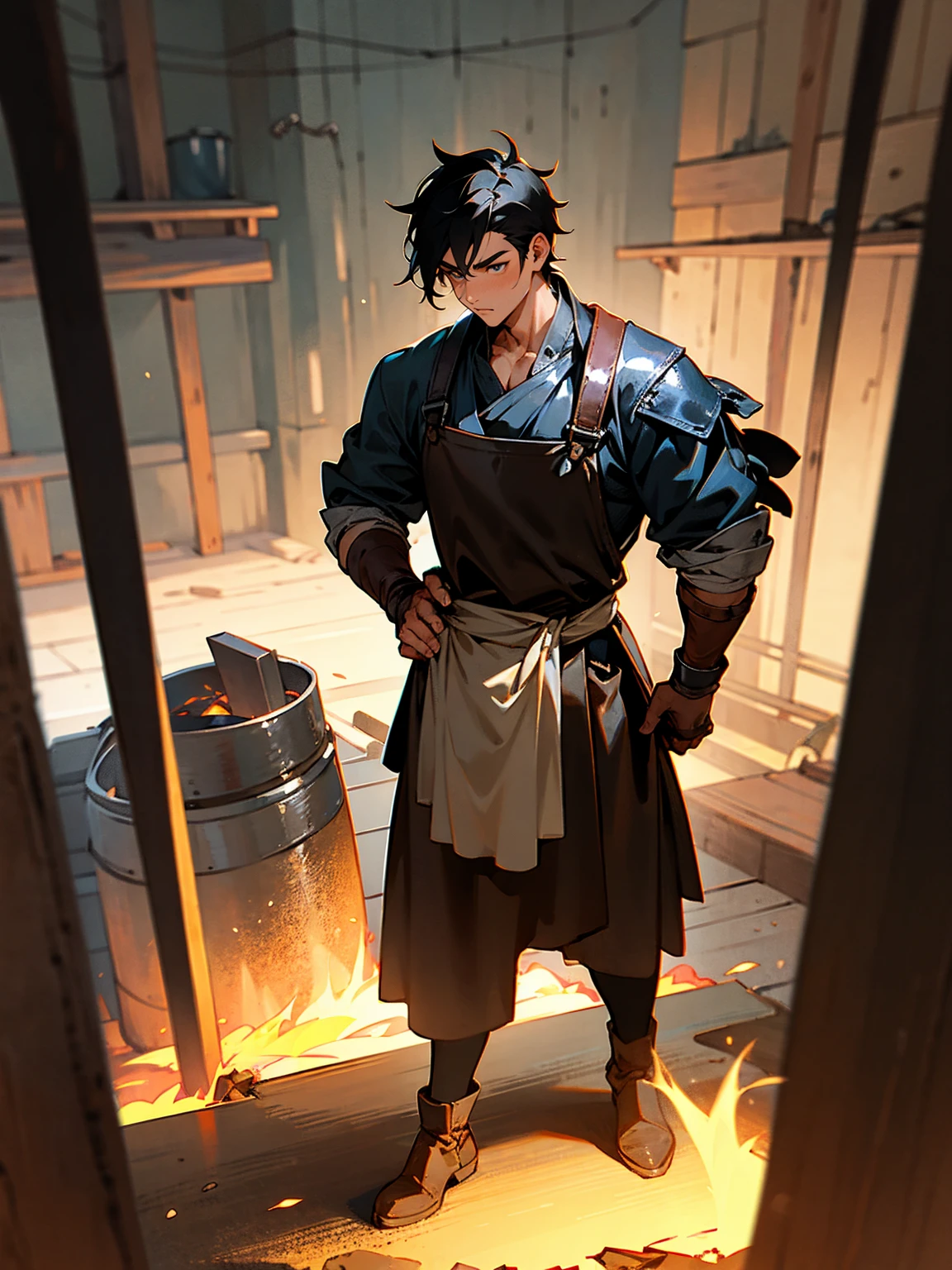 male, black hair, short, blacksmith, leather apron, working at a forge, focused, standing on path