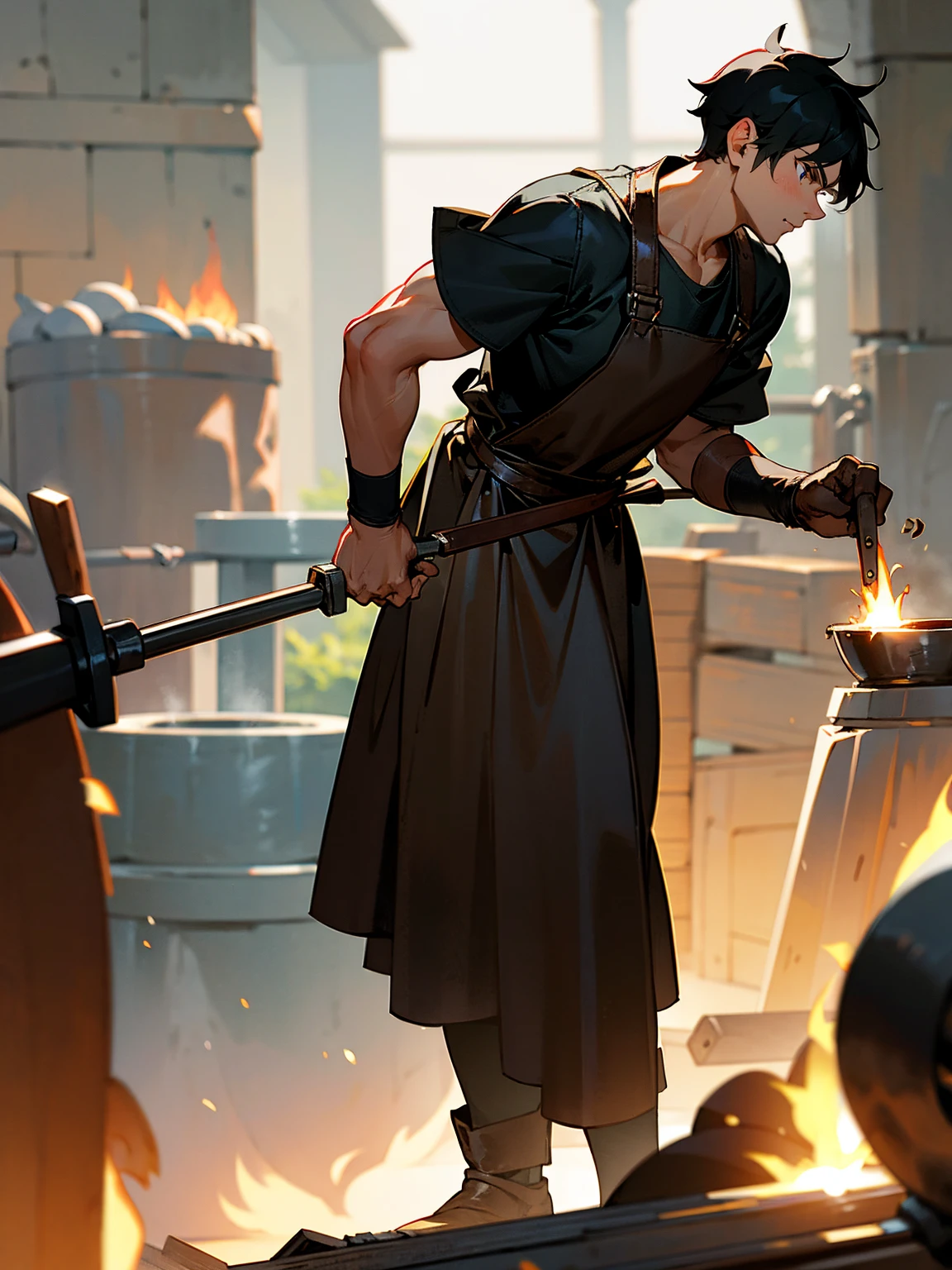 male, black hair, short, blacksmith, leather apron, working at a forge, focused, standing on path