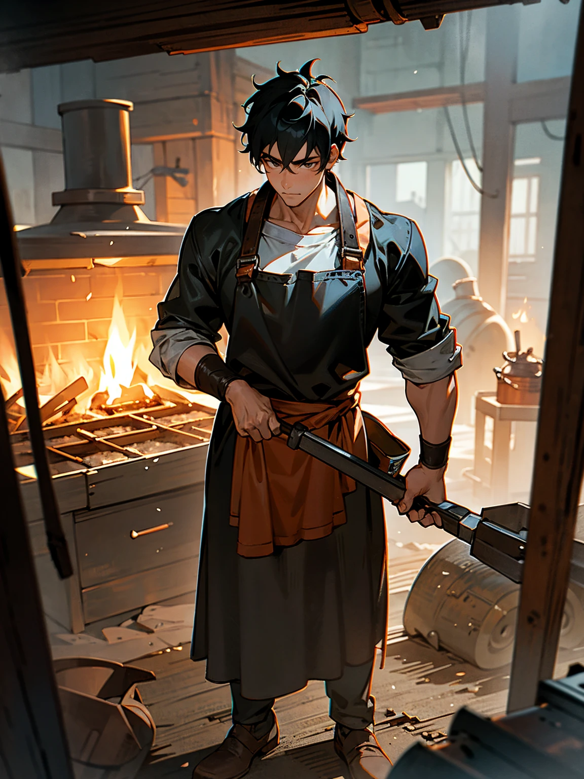 male, black hair, short, blacksmith, leather apron, working at a forge, focused, standing on path