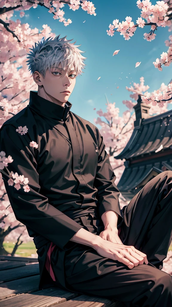 photo of an anime character (jujutsu KAISEN) named "yuta okkotsu" with black hair, sharp eyes, black "jujutsu kaisen" clothes with the effect of flying cherry blossom petals, sitting on a roof tile while reading a book. along with the background behind a realistic rural atmosphere.