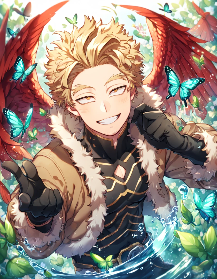 absurdres, highres, ultra detailed, HDR, master piece, best quality, extremely detailed face, delicated features, Hawks, ash-blonde hair, expressive golden brown eyes, faint stubble, Boku No Hero Academia, solo, sexy man, handsome, handsome smile, red wings, brown jacket with fur, black tight shirt with patterns, black gloves, fantasy, magical, butterflies, summer, green leaves, flowers, water
