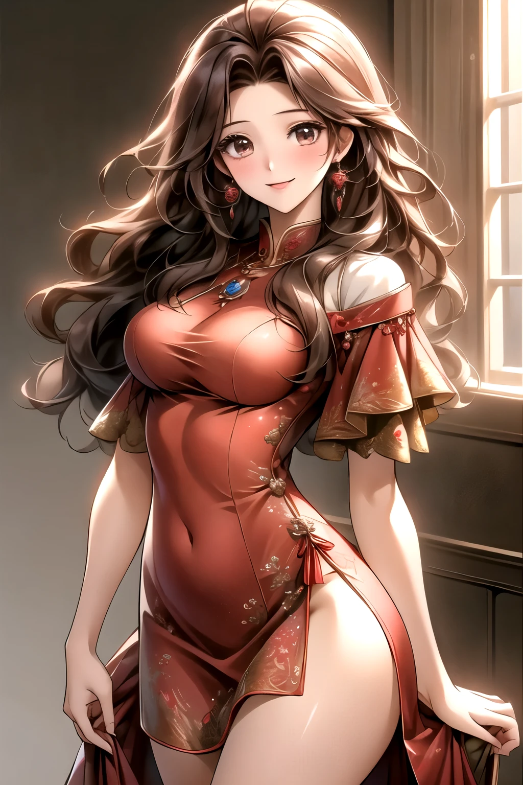 (masterpiece), (perfect quality), 25-year-old woman with wavy brown hair and light brown eyes. She has fair skin and is wearing a red mini dress. Her bust is medium and she has a gentle smile on her face. The image style is realistic.