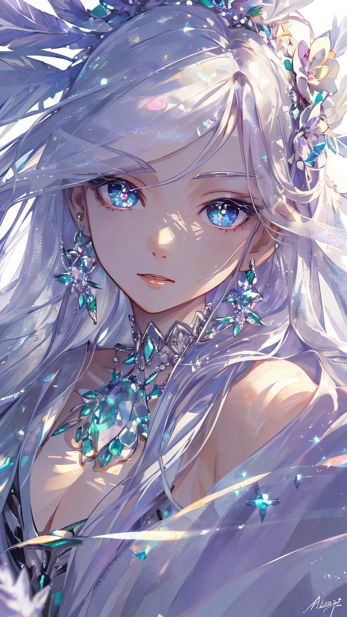 masterpiece, best quality, number, Alexandrite eyes and hair, Platinum earrings, Platinum necklace, Feather white dress, , Lovely, (Dynamic Lighting:1.2), light, Beautiful, Beautiful eyes, Sharp pupils, Realistic students, Boundary depth written, Bokeh, Clear focus, (Very detailed, bloom, shine:1.4), Many little gems, Large target 