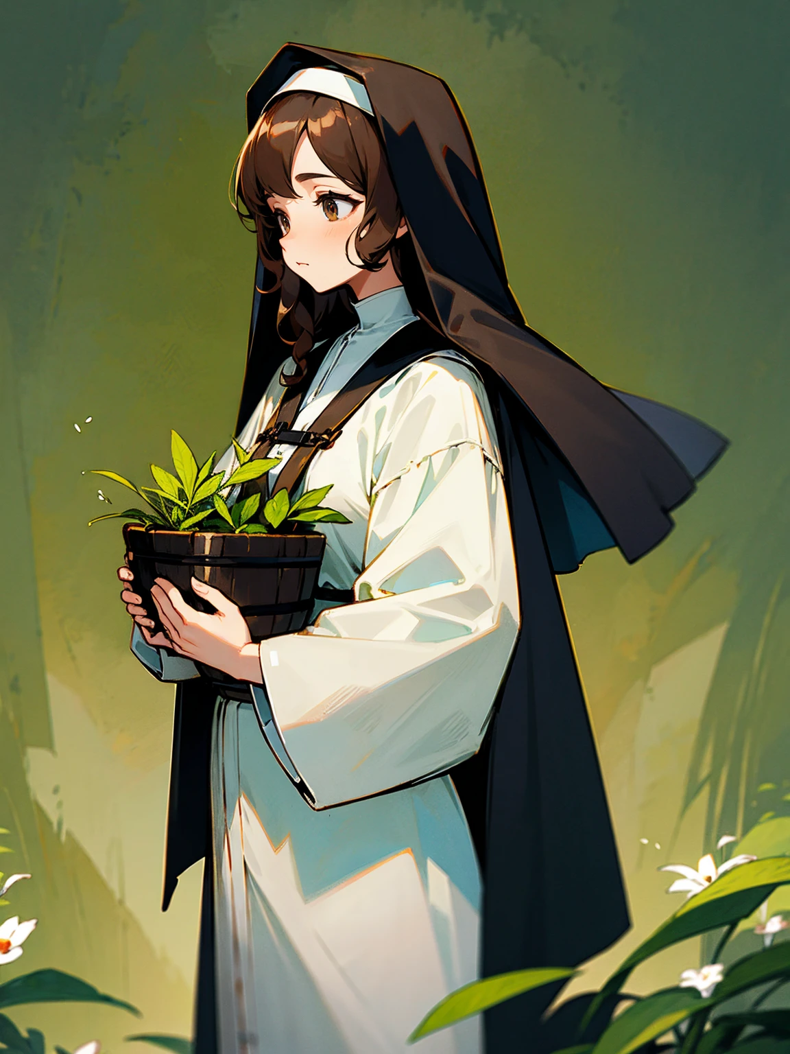 female, brown hair, wavy, healer, nun outfit, carrying herbs, nurturing