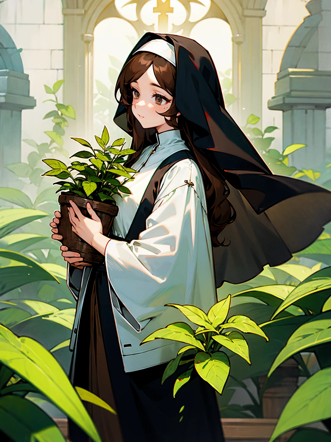 female, brown hair, wavy, healer, nun outfit, carrying herbs, nurturing