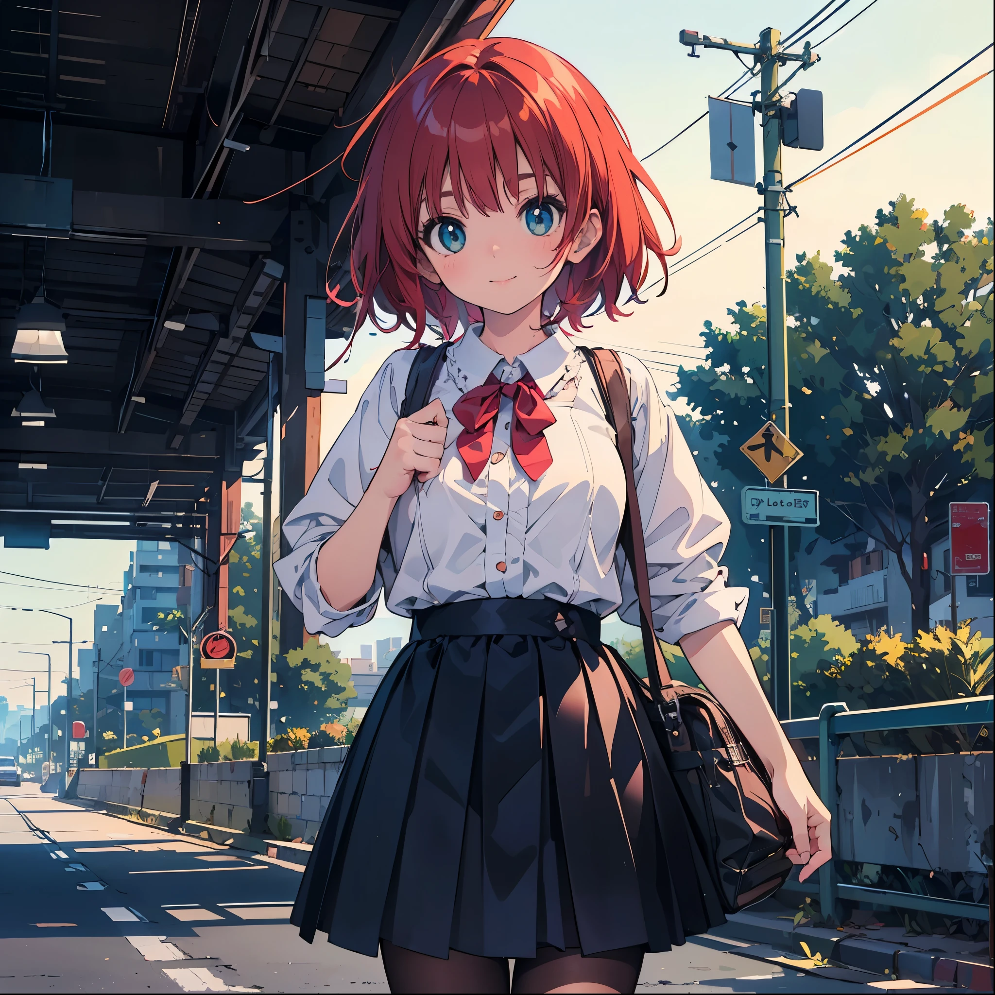 (masterpiece:1.2), (Highest quality:1.2), Ultra-high resolution, Very detailed, Perfect lighting, ((Hitchhiking anime girl)), smile,Surreal Girl, (Lolita,boyish , :1.3),Large Breasts,The charm of androgyny, (Red hair),Fine and beautiful eyes, Well-proportioned iris and pupil, Expressive eyes, Beautiful and detailed lips, High resolution detailed hair, Backpacker,highway, Gweiz-style artwork, Makoto Shinkai'Art Style, Portrait of Rofi, Digital anime art, Makoto Shinkai style, LOFI Girl, Anime style illustrations, ロフィArt Style, Anime illustration