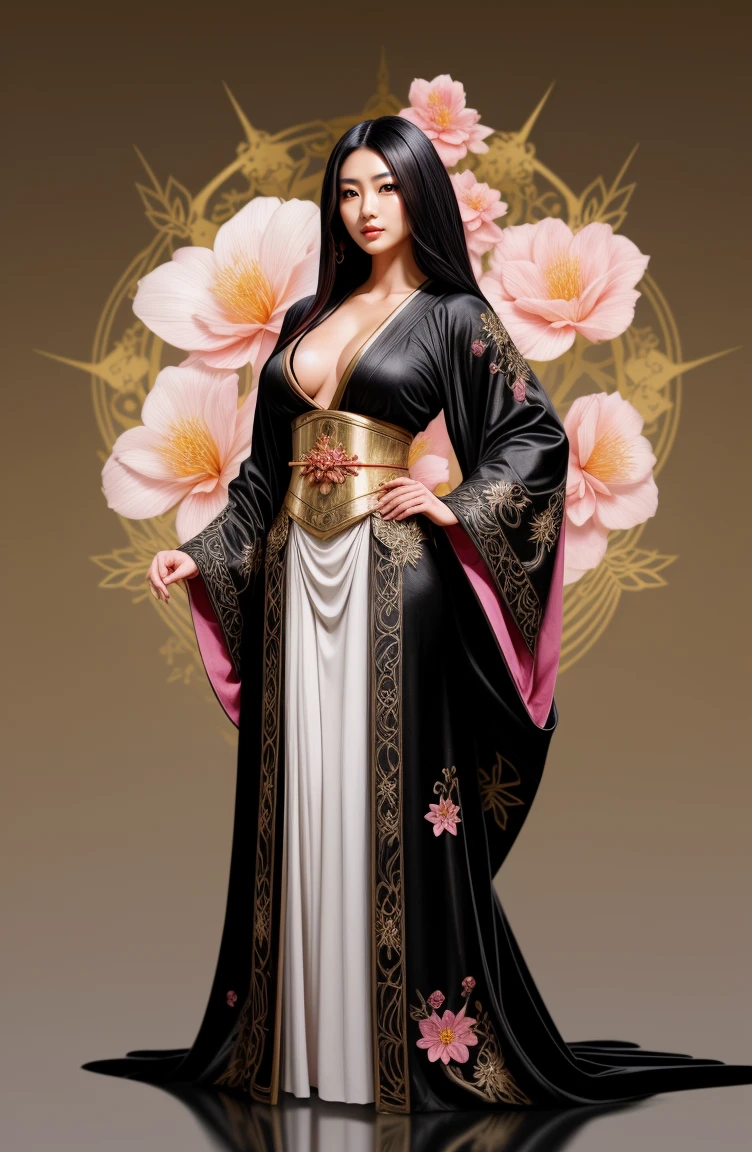 Fantasy Female alchemist wearing a black robe, gorgeous Japanese woman, elaborate black hair, pink flower embroidery, full body shot, gold trimnings, blank backgrund, white background