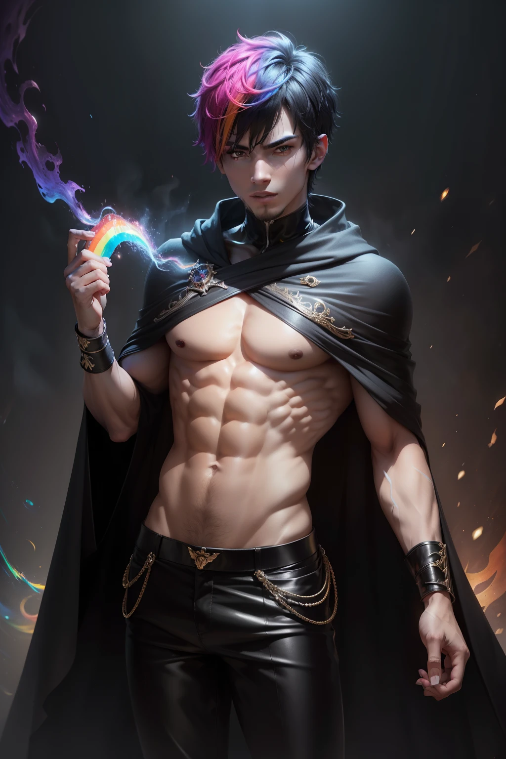 (8k,uploadsrrealista　uploads　Maximum quality;1.4) (1 young boy) Super handsome king of the underworld　(lifelike face) 　(Short Hair Rainbow Hair)　slenderbody　Muscular and macho　Black and rainbow aristocratic costume with big rainbow eyes　Rainbow decoration　Fangs peeking out of the mouth　Pointed claws　a seductive gaze　Beautiful expression　A hyper-realistic　(King of the Underworld)　appealing　(real looking skin)　super high resolution　high détail　Black and rainbow luxury pants　Rainbow aura emanating from the body　effect　black robe