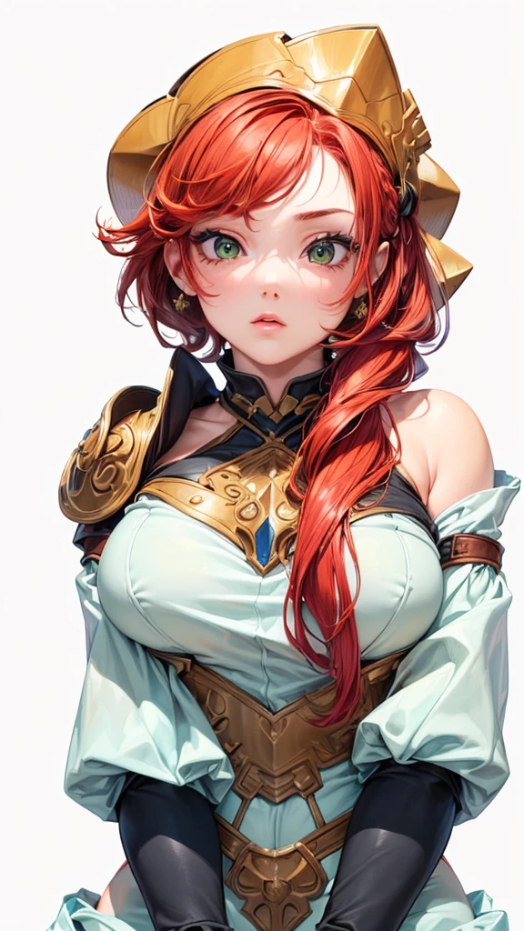 (4k ultra realistic, work of art, best qualityer, best qualityer, lot of details , 4k hd, 1 girl with red hair, cute face, Ferreira, with an orange lesion on his head, greeneyes, with ethyl metal worker medieval armor, sexy outfit, whole body, plain  background, ultra detaild, long hair, detailedeyes, Beautiful rosy lips, breasts big, huge ass , small hips, big buttocks, muslos grandes, detailed and feminine hands, anatomically correct body, Hands drawn correctly, detailled image, Artwork, work of art, detailled image, detailed and realistic, well-defined, High definition