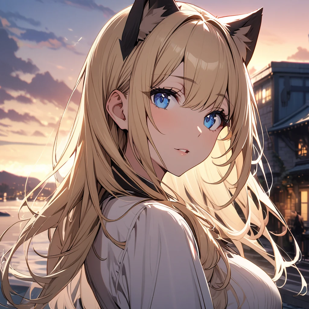 girl, blue eyes, blond hair, cat ears, beautiful, high detail, beautiful backround, adult