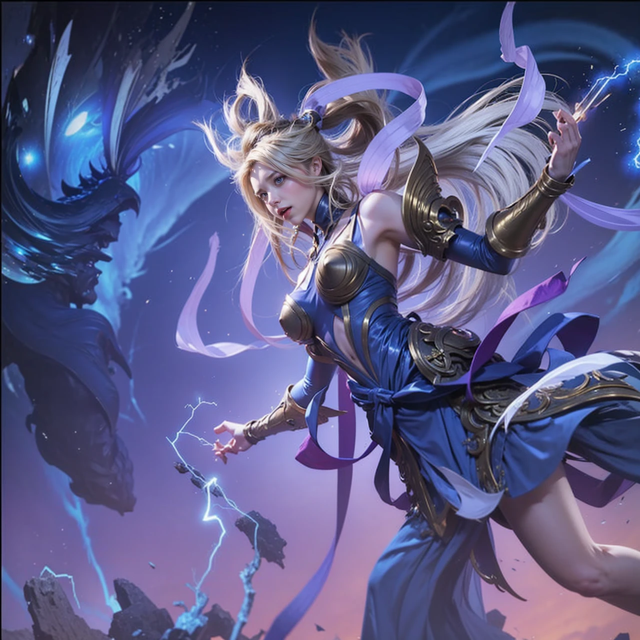 The image depicts a fantasy female character with a blonde ponytail, wearing a blue and gold outfit with a light blue dress, wielding a sword and surrounded by lightning bolts.