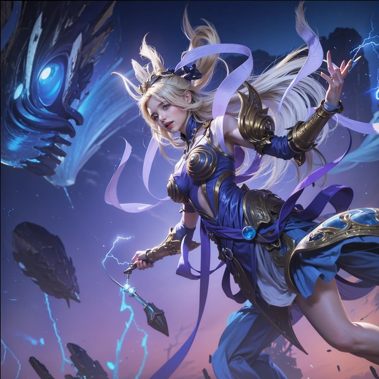 The image depicts a fantasy female character with a blonde ponytail, wearing a blue and gold outfit with a light blue dress, wielding a sword and surrounded by lightning bolts.