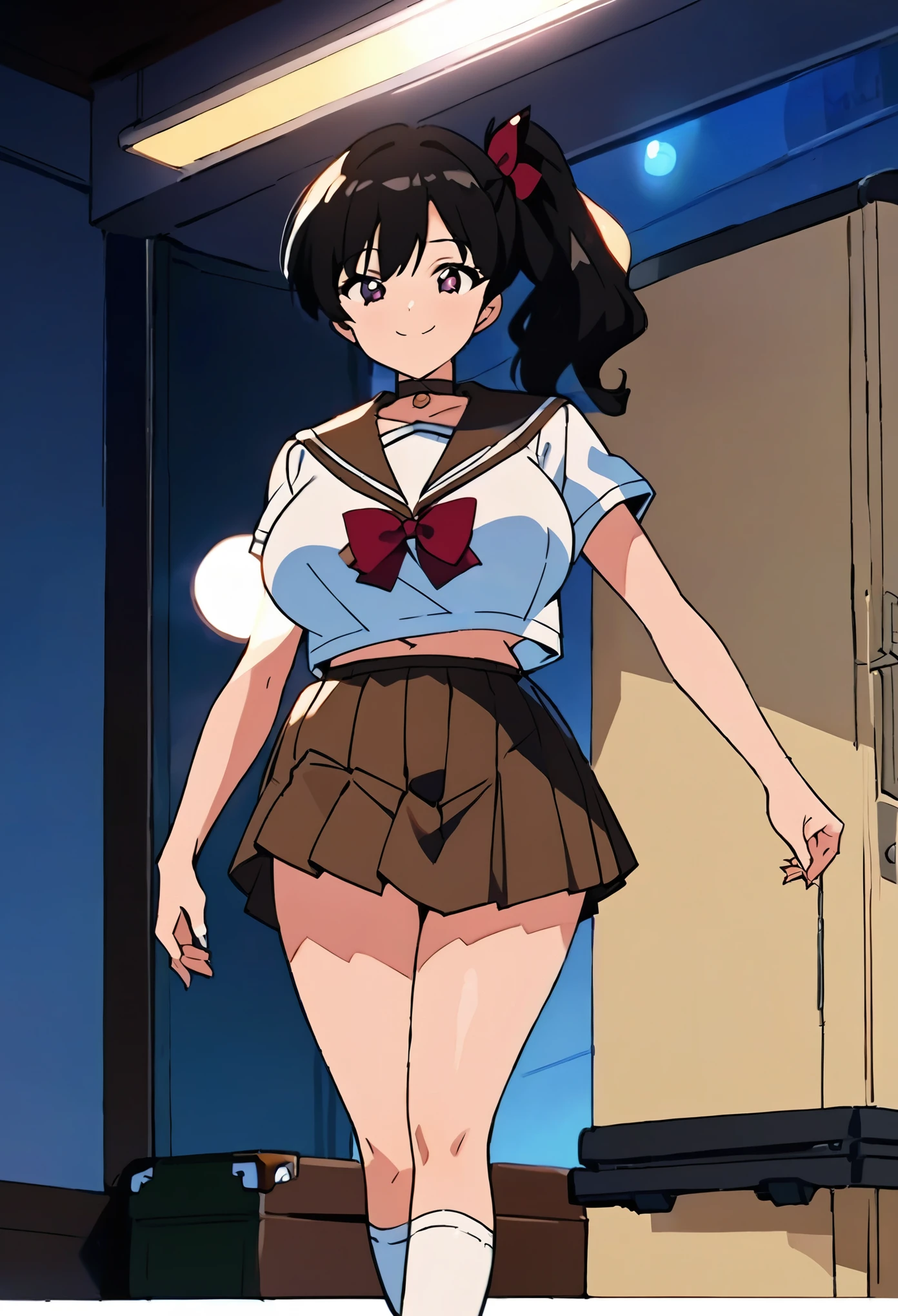 (((masterpiece, Highest quality, case)))), High resolution、1990s、anime cel style, 1 girl,alone, kodachi kuno (************, Long black hair in a side ponytail Japanese school attire(( A short, cream-colored sailor suit,Brown collar、Brown pleated skirt,Alloy white T-shaped, Socks skin color(light brown)))), Huge breasts, Broad shouldered、beautiful girl,Bright smile、White knee-high socks、Put your left foot forward、Detailed skin、Daytime Park、I can see your belly、Curved belly、Three-dimensional