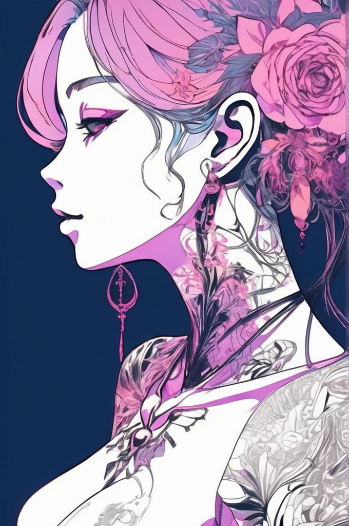The lines glow、A stunning anime girl with an intricate floral tattoo on her neck, exuding elegance and beauty.,in the style of neon realism, dark pink and light black, gothic art nouveau, anime-inspired character designs, dark white and indigo, bold yet graceful, cyberpunk manga, detailed costumes