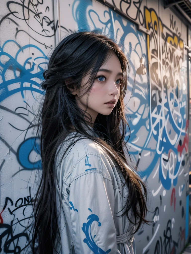 Asian woman in blue coat against wall, Close-up of face in profile, sidelight, fully body, very long hair, flat hair, straight hair, white silver hair, bright light blue eyes, thick coxa, BIG ASS, (((graffiti painted walls, dark shadows, sombras que acompanham a sidelight, perfect shadows))), she is subtly looking from the corner, perfect architecture