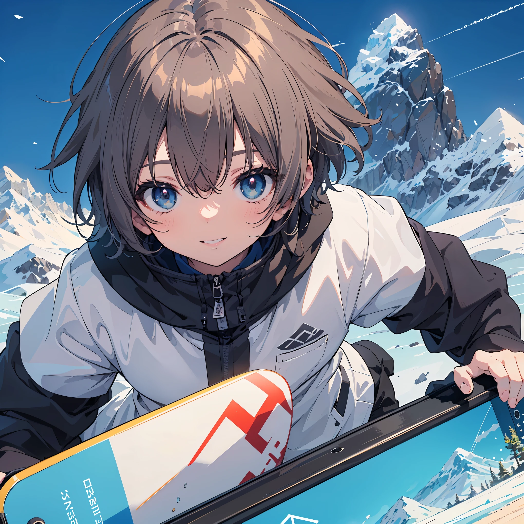 (masterpiece:1.2), (Highest quality:1.2), Ultra-high resolution, Very detailed, Perfect lighting, ((Anime girl playing snowboard)), smile,Surreal Girl, (ta,boyish , 13 y),The charm of androgyny, (Gray Hair),Fine and beautiful eyes, Well-proportioned iris and pupil, Expressive eyes, Beautiful and detailed lips, High resolution detailed hair, Ski wear,Snow Mountain, Dynamic Angle,Gweiz-style artwork, Makoto Shinkai'Art Style, Portrait of Rofi, Digital anime art, Makoto Shinkai style, LOFI Girl, Anime style illustrations, ロフィArt Style, Anime illustration