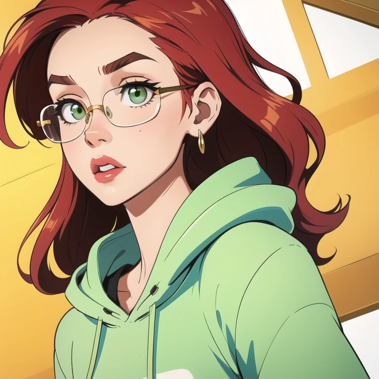 masterpiece, 30yo ginger girl looking away, redhead, detailed face, photography, hq, pink lips, round face, green eyes and marked eyebrows, thic gold square glasses, red long hair, golden earrings, small eye, round big face, caucasian, 1girl, hoodie, wavy thin hair, big cheecks and small thin lips