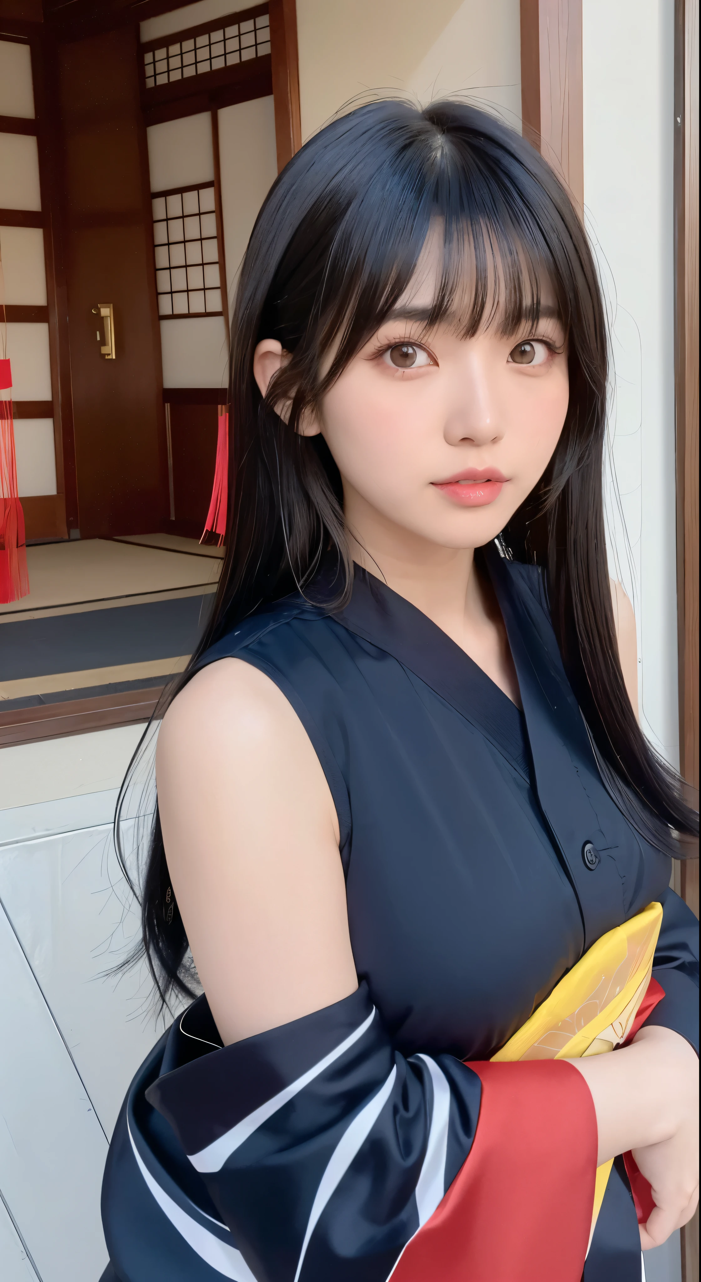 Nengajo: The Japanese New Year's Card,Happy New Year,New Year, ,shimabara yuuhi,lips gloss,blue black hair,short disheveled bangs,jagged cowlick,long locks,medium hair,thick eyebrows,sharp yellow eyes