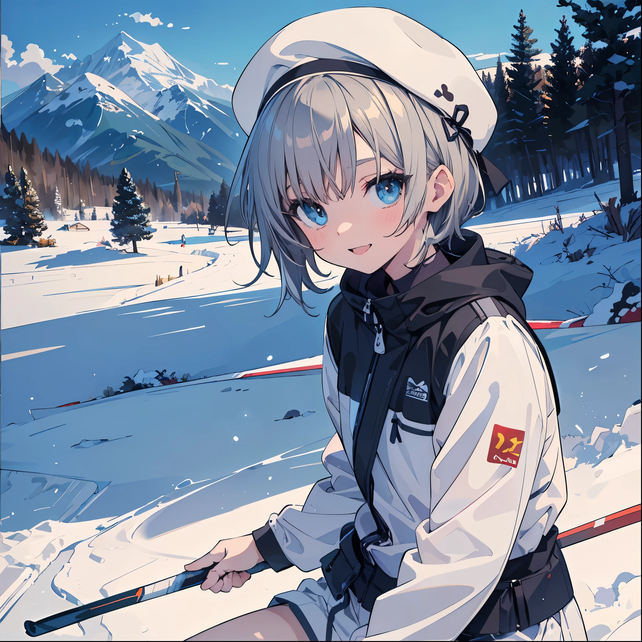 (masterpiece:1.2), (Highest quality:1.2), Ultra-high resolution, Very detailed, Perfect lighting, ((Anime girl skiing)), whole body,smile,Mouth open,Surreal Girl, (Lolita,boyish , 13 years old:1.3),The charm of androgyny, (Gray Hair),Fine and beautiful eyes, Well-proportioned iris and pupil, Expressive eyes, Beautiful and detailed lips, High resolution detailed hair, Ski wear,Skis、stick、Snow Mountain,Gweiz-style artwork, Makoto Shinkai&#39;Art Style, Portrait of Rofi, Digital anime art, Makoto Shinkai style, LOFI Girl, Anime style illustrations, ロフィArt Style, Anime illustration