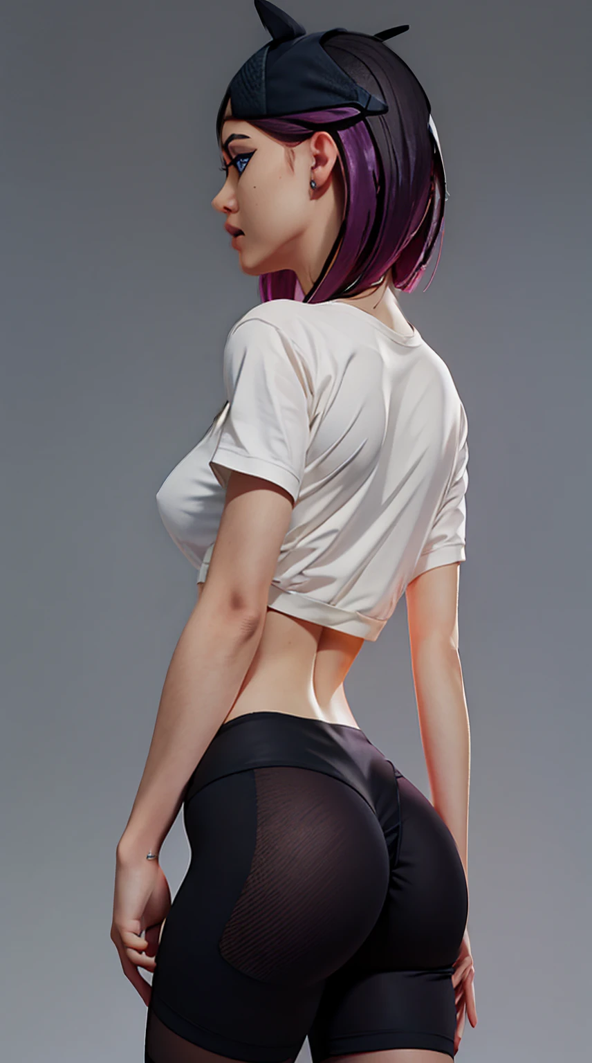Mesh leggings, short in mesh t-shirt, without bra, back view