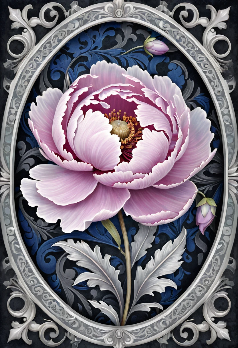 The background of the postcard. The style of the artist Jose Parra
Empty center, Bizarre Baroque pattern On the side, enchanted peony, magical realism, steampunk, openwork, fantasy motifs, spectacular,
beautiful, muted shades, shades of dark gray mallow, powdery pink, light silver, slate gray, cobalt blue, aesthetically pleasing, beautiful, realistic, 4k, high resolution