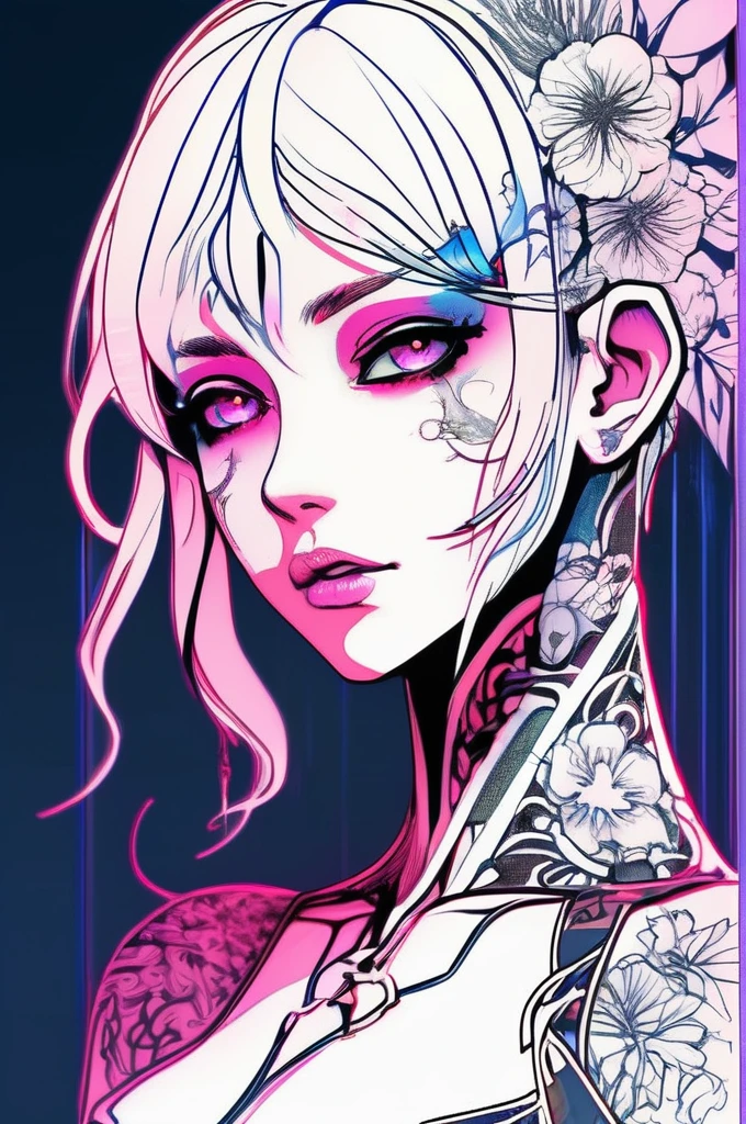 The lines glow、A stunning anime girl with an intricate floral tattoo on her neck, exuding elegance and beauty.,in the style of neon realism, dark pink and light black, gothic art nouveau, anime-inspired character designs, dark white and indigo, bold yet graceful, cyberpunk manga, detailed costumes