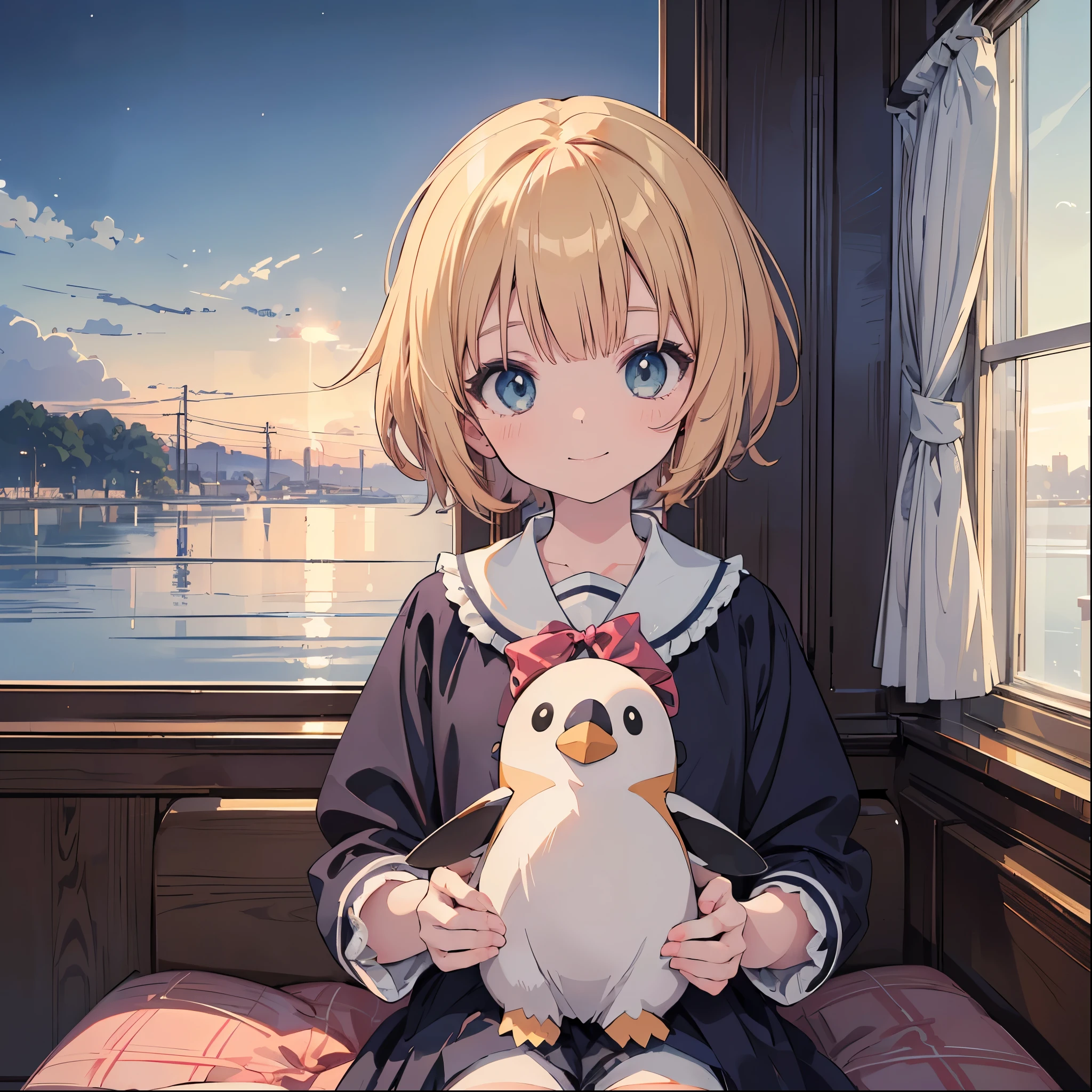 pastel colour,(masterpiece:1.2), (Highest quality:1.2), Ultra-high resolution, Very detailed, Perfect lighting, ((Anime girl holding a stuffed penguin)), Surreal Girl, (Lolita,boyish,13 years old:1.3),The charm of androgyny, smile,Embarrassed,Gweiz-style artwork, Makoto Shinkai&#39;Art Style, Portrait of Rofi, Digital anime art, Makoto Shinkai style, LOFI Girl, Anime style illustrations, ロフィArt Style, Anime illustration