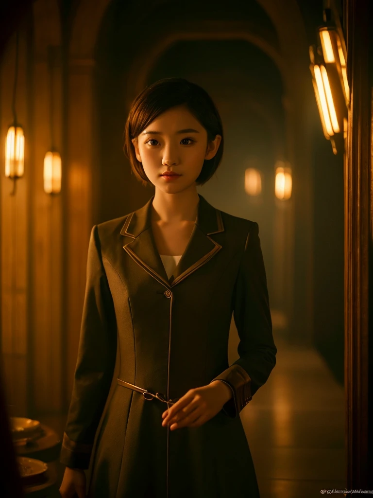 A cute asian girl with short hair wearing an elf dress, a tall man in a suit standing behind her, his face doesn't appear, detailed face, intricate elf dress, atmospheric lighting, cinematic composition, detailed environment, warm colors, dramatic lighting, high quality, photorealistic, masterpiece