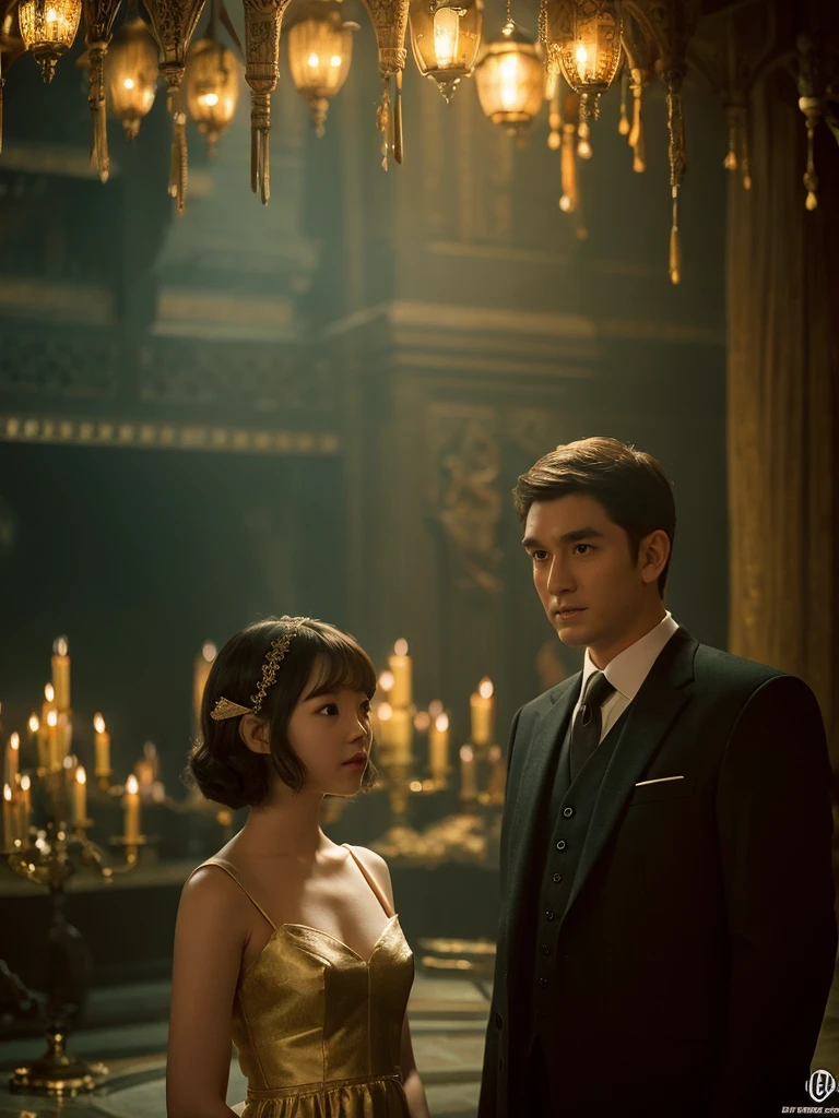 A cute asian girl with short hair wearing an elf dress, a tall man in a suit standing behind her, his face doesn't appear, detailed face, intricate elf dress, atmospheric lighting, cinematic composition, detailed environment, warm colors, dramatic lighting, high quality, photorealistic, masterpiece