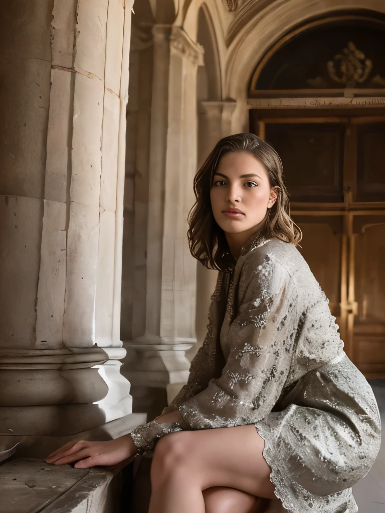 Une photographie primée, Chef d'ouvrages d'art, 8k, ultra haute résolution, ultra-détaillé,  image cinématographique du film, portrait complet du   corps photo d'une femme européenne de 25 ans assise sur un canapé antique, vue totale, belle femme maigre, visage parfait, Règle des tiers, Fossettes, Cheveux blonds longs et ondulés, cheveux très détaillés, ((Visage détaillé)), ((traits du         visage détaillés)), [[[sur une main seulement quatre doigts + 1 pouce]]], (mince, peau fine), peau pâle, Corps mince, jolies jambes, beaux abdos, gros serré , Texture de peau réaliste, détails extrêmes de la peau, super, Sous-vêtements élégants en dentelle de soie, (((environnement élégant de salle de château dans le style baroque du XVIIIe siècle, statues, Colonnes, rideau, bougeoirs ornementés en fer forgé)), doux rayon de lumière sur les yeux, En arrière-plan bokeh, Paillettes, réfléchir à, flou, la douce lumière, (le réalisme: 1.6), détails fous, détails complexes, Des détails incroyablement fins, Photoréaliste, hyperréaliste, Photole réalisme, texture réaliste, composition dynamique, éclairage contrasté, acuité, Grands angles, ((grande profondeur de champ)), Photo brute, Mesure de photons, style de photo analogique, photographie avec un appareil photo Hasselblad, f5.6 objectifs 500 mm, Ilford FP4,