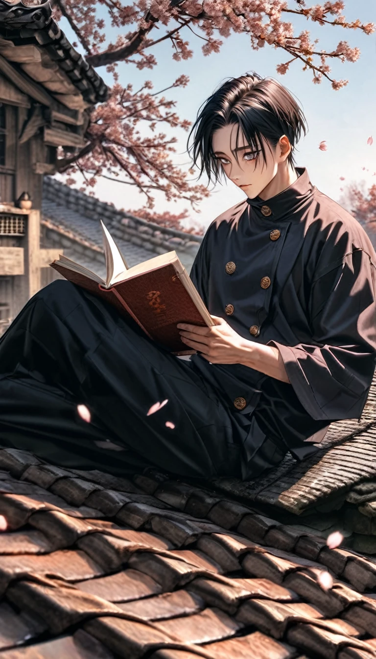 photo of an anime character (jujutsu KAISEN) named "yuta okkotsu" with black hair, and sharp eyes, a "jujutsu kaisen" shirt with buttons on the side, white "black trousers, with the effect of flying cherry blossom petals , was sitting on the roof tiles while reading a book. along with a realistic rural background.