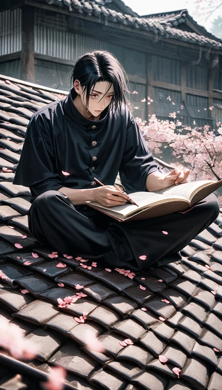 photo of an anime character (jujutsu KAISEN) named "yuta okkotsu" with black hair, and sharp eyes, a "jujutsu kaisen" shirt with buttons on the side, white "black trousers, with the effect of flying cherry blossom petals , was sitting on the roof tiles while reading a book. along with a realistic rural background.