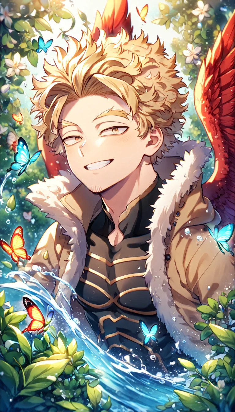 absurdres, highres, ultra detailed, HDR, master piece, best quality, extremely detailed face, delicated features, Hawks, ash-blonde hair, expressive golden brown eyes, faint stubble, Boku No Hero Academia, solo, sexy man, handsome, handsome smile, red wings, brown jacket with fur, black tight shirt with patterns, black gloves, fantasy, magical, butterflies, summer, green leaves, flowers, water