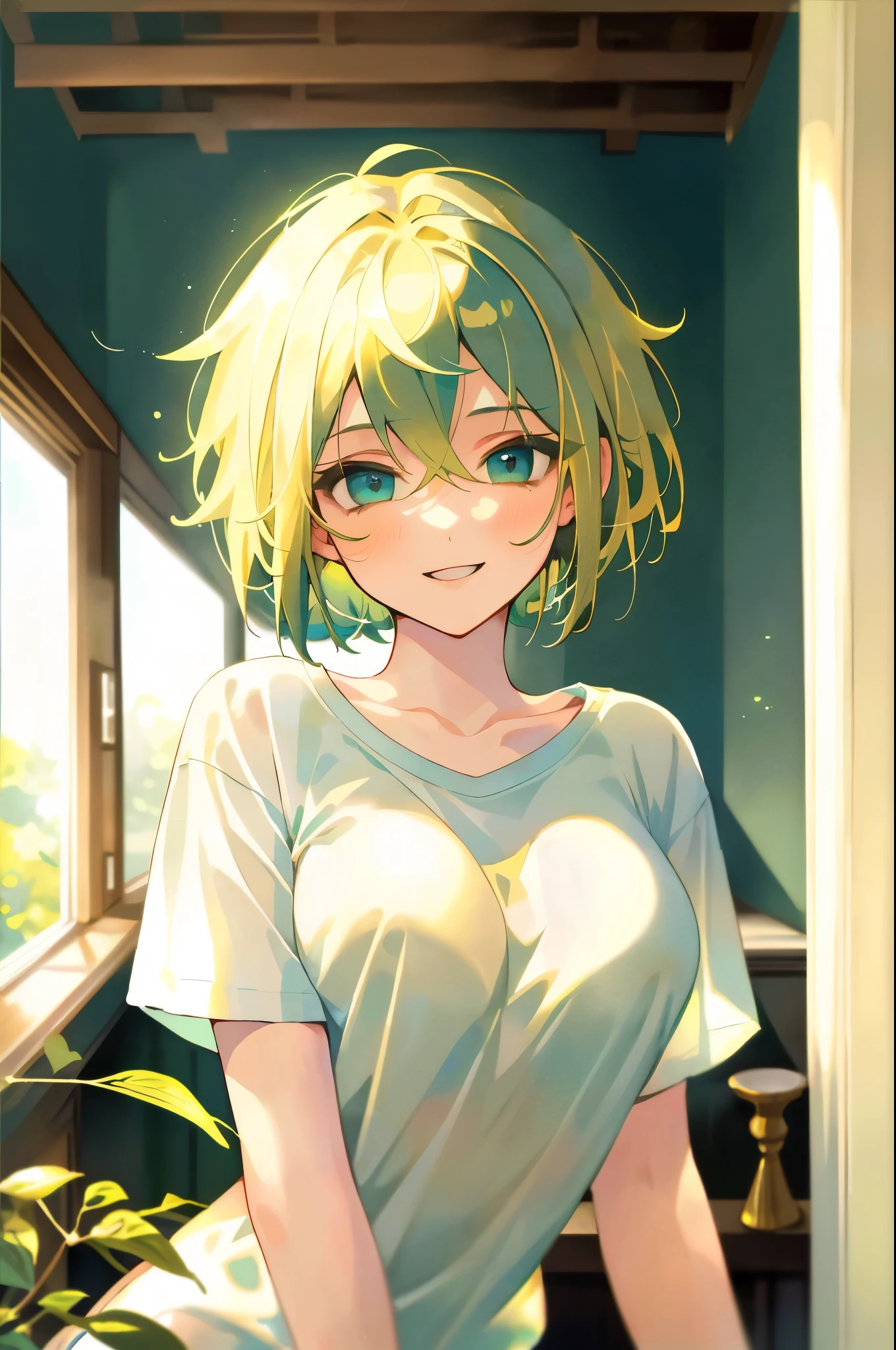 (masterpiece), best quality, expressive eyes, perfect face, short medium hair, two-tone hair ((blonde hair, green hair)), glowing blue eyes, [thighs], skinny body, perfect body, [medium big breast], smile face, ((white t-shirt)), ((portrait)), ((looking at the viewer)), ((1 girl)), (((mature girl))), (((posing)))
