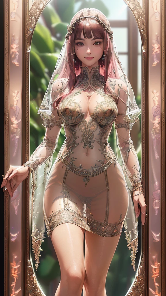 ((Highest quality)),(Ultra-high resolution),(Super detailed),(Detailed Description),((The best CG)),(masterpiece),Highly detailed art,(Fantasy art with intricate detail:1.5), (woman:1.4),(Beautiful and well-proportioned face:1.3),(A see-through dress with intricate embroidery:1.6),(smile:1.4),(Cleavage:1.2),(Deep cut:1.4),(Small waist:1.2),(See-through skirt:1.4), (Transparent mirror:1.6), pink hair