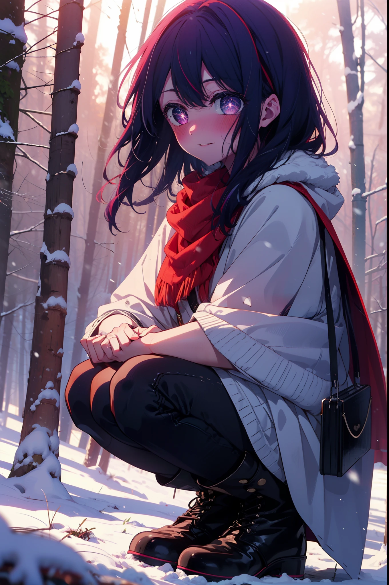 aihoshino, Ai Hoshino, Long Hair, bangs, (Purple eyes:1.1), Purple Hair, (Symbol-shaped pupil:1.5), smile,,smile,blush,white breath,
Open your mouth,snow,Ground bonfire, Outdoor, boots, snowing, From the side, wood, suitcase, Cape, Blurred, , forest, White handbag, nature,  Squat, Mouth closed, Cape, winter, Written boundary depth, Black shoes, red Cape break looking at viewer, Upper Body, whole body, break Outdoor, forest, nature, break (masterpiece:1.2), Highest quality, High resolution, unity 8k wallpaper, (shape:0.8), (Beautiful and beautiful eyes:1.6), Highly detailed face, Perfect lighting, Highly detailed CG, (Perfect hands, Perfect Anatomy),