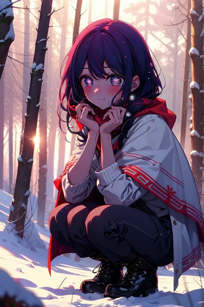 aihoshino, Ai Hoshino, Long Hair, bangs, (Purple eyes:1.1), Purple Hair, (Symbol-shaped pupil:1.5), smile,,smile,blush,white breath,
Open your mouth,snow,Ground bonfire, Outdoor, boots, snowing, From the side, wood, suitcase, Cape, Blurred, , forest, White handbag, nature,  Squat, Mouth closed, Cape, winter, Written boundary depth, Black shoes, red Cape break looking at viewer, Upper Body, whole body, break Outdoor, forest, nature, break (masterpiece:1.2), Highest quality, High resolution, unity 8k wallpaper, (shape:0.8), (Beautiful and beautiful eyes:1.6), Highly detailed face, Perfect lighting, Highly detailed CG, (Perfect hands, Perfect Anatomy),
